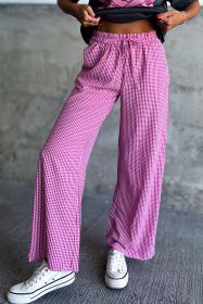 Pink Plaid Print Drawstring High Waist Wide Leg Casual Pocket Pants (size: (US 16-18)XL)