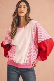 Rose Red Striped Patchwork Side Pocket Loose Sweatshirt (size: (US 16-18)XL)