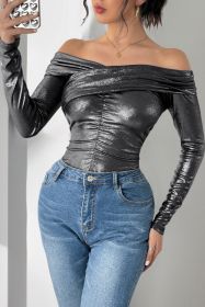 Black Solid Off Shoulder Cross Shirred Long Sleeve Bodysuit (size: (US 8-10)M)