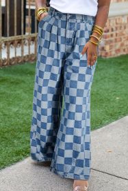 Dusk Blue Plus Size Checkered Seamed High Waist Wide Leg Jeans (size: (US 26W-28W)4X)