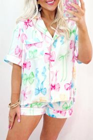 White Bowknot Print Buttoned Shirt and Shorts Pajama Set (size: (US 16-18)XL)