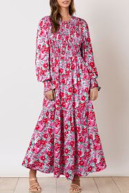 Boho Floral Print Smocked Puff Sleeve Tiered Maxi Dress (size: (US 16-18)XL)