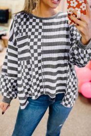 Black Checkered Striped Patchwork Lantern Sleeve Top (size: (US 16-18)XL)