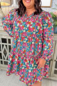 Sky Blue Floral Allover Print Shirred Plus Size Mini Dress (size: (US 26W-28W)4X)