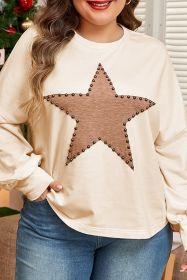 Beige Star Pattern Studded Crew Neck Plus Size Top (size: (US 26W-28W)4X)