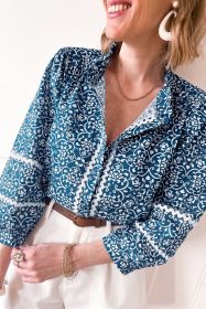 Blue Floral Ric Rac Button Loose Fit Shirt (size: (US 16-18)XL)