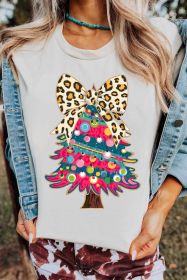 White Leopard Bow Decor Christmas Tree Graphic Crewneck Tee (size: (US 8-10)M)