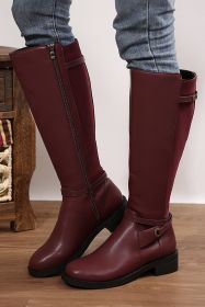 Burgundy Side Zipper Knee High Chunky Low Heel Boots (size: (US 8)39)