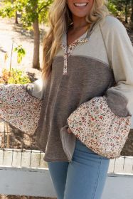 Goat Colorblock Floral Patchwork Flared Sleeve Henley Top (size: (US 16-18)XL)