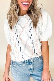 White Argyle Puff Sleeve Knit Top (size: (US 16-18)XL)