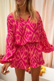 Rose Geometric Print Long Sleeve Top and Ruffled Shorts Set (size: (US 16-18)XL)