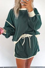 Evergreen Contrast Trim Loose Pullover and Lace-up Waist Skirt Set (size: (US 16-18)XL)