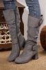 Dark Grey Suede Double Buckled Side Zipper Mid-calf Boots