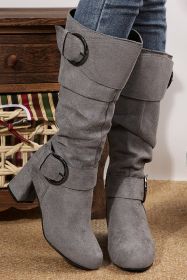 Dark Grey Suede Double Buckled Side Zipper Mid-calf Boots (size: (US 8)39)