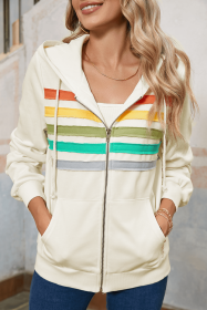 Apricot Colorblock Striped Patchwork Side Pockets Zipper Hoodie (size: (US 16-18)XL)