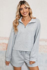 Light Grey Plain Quarter-Zip Pullover Top and Shorts Set (size: (US 16-18)XL)
