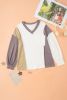 White Color Block Exposed Seam V Neck Long Sleeve Top