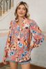 Orange Floral Print Shirred Cuff Buttoned Loose Fit Shirt