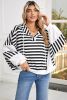 Black White Striped Waffle Patchwork Baggy Hooded Top