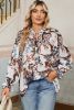 White Boho Print Lantern Sleeve V Neck Blouse