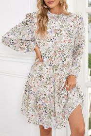 Green Floral Print Tiered Frilled Shirred Mock Neck Mini Dress (size: (US 16-18)XL)