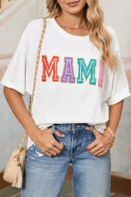 White MAMA Chenille Patched Crew Neck T Shirt (size: (US 16-18)XL)