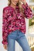 Rose Red Floral Print Drawstring Frill V Neck Blouse
