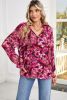 Rose Red Floral Print Drawstring Frill V Neck Blouse
