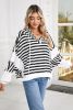Black White Striped Waffle Patchwork Baggy Hooded Top