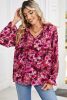 Rose Red Floral Print Drawstring Frill V Neck Blouse