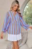 Sky Blue Stripe Crinkle Ruffle Sleeve Loose Blouse