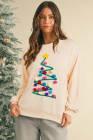 Beige Tinsel Christmas Tree Random Pompom Sweatershirt (size: (US 16-18)XL)