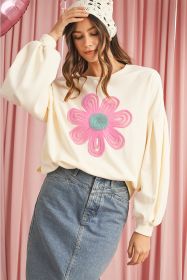 Beige Cute Tinsel Flower Puff Sleeve Sweatshirt (size: (US 16-18)XL)