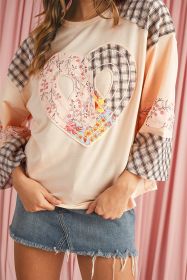 Beige Plaid Floral Patchwork Heart Long Sleeve Top (size: (US 8-10)M)