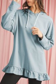 Iceland Blue Solid Ruffled Hem Loose Fit Tunic Hoodie (size: (US 16-18)XL)