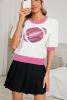 Pink Sequin Rugby Color Block Puff Sleeve Knit Top