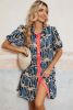 Beige Abstract Print Pleated Bubble Sleeve Mini Boho Dress