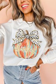 Beige Polka Dot Bow Knot Pumpkin Print Thanksgiving Sweatshirt (size: (US 8-10)M)