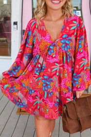 Rose Tropical Print Lantern Sleeve V Neck Ruffle Plus Size Mini Dress (size: (US 26W-28W)4X)