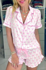 Pink Bowknot Print Shirt and Ruffle Hem Shorts Pajama Set (size: (US 16-18)XL)