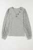 Light Grey Button Detail V Neck Ribbed Bishop Sleeve Top