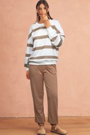 Light French Beige Striped Drop Shoulder Pullover and Joggers Set (size: (US 8-10)M)