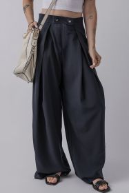 Dirty blue Dual Buttoned High Waist Pleated Wide Leg Pants (size: (US 4-6)S)