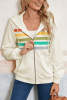 Apricot Colorblock Striped Patchwork Side Pockets Zipper Hoodie