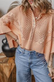 Apricot Pink Hollowed Knit 3/4 Dolman Sleeve Buttoned Collared Sweater (size: (US 4-6)S)