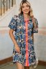 Beige Abstract Print Pleated Bubble Sleeve Mini Boho Dress