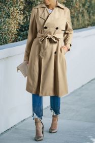 Pale Khaki Solid Color Lapel Collar Pocket Wind Coat (size: (US 12-14)L)