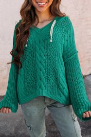 Sea Green Cable Knit V Neck Contrast Drawstring Hooded Sweater (size: (US 4-6)S)