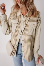 Parchment Houndstooth Corduroy Patchwork Flap Pocket Shacket (size: (US 16-18)XL)