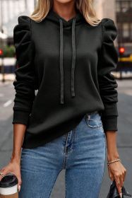 Black Solid Color Ruched Puff Long Sleeve Hoodie (size: (US 4-6)S)